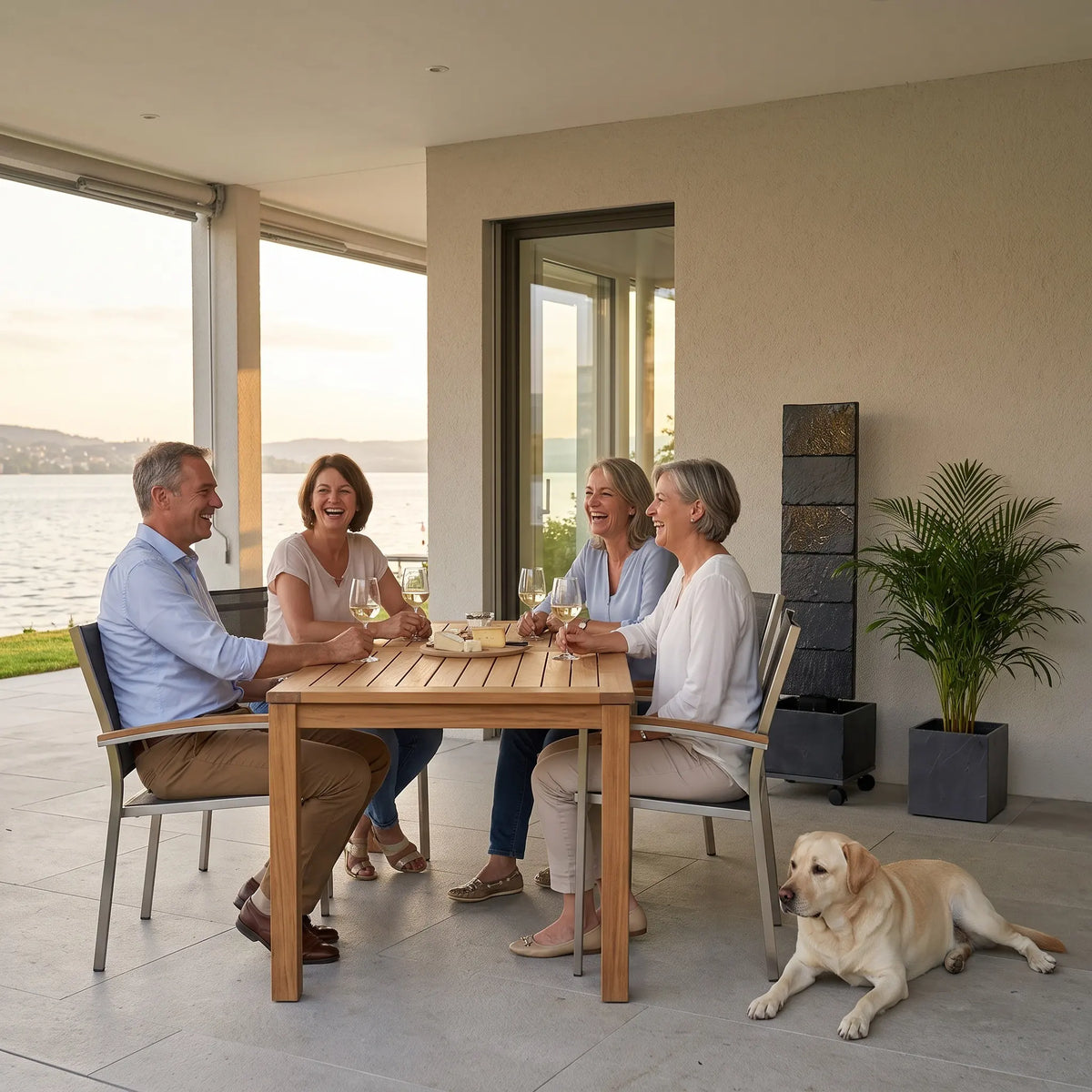 VIO L auf der Terrasse, Freunde beim Apéro mit Labrador (KI-Inhalte)