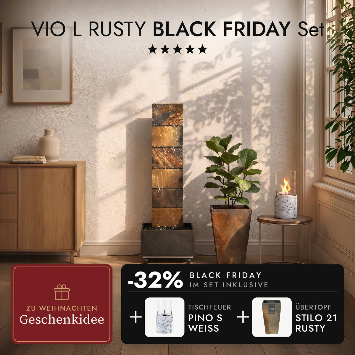 Mur d’eau VIO L RUSTY dans le salon avec le cache-pot STILO 21 Rusty et un feu de table PINO S Blanc allumé sur la table d’appoint, set VIO L RUSTY BLACK FRIDAY (contenus IA)