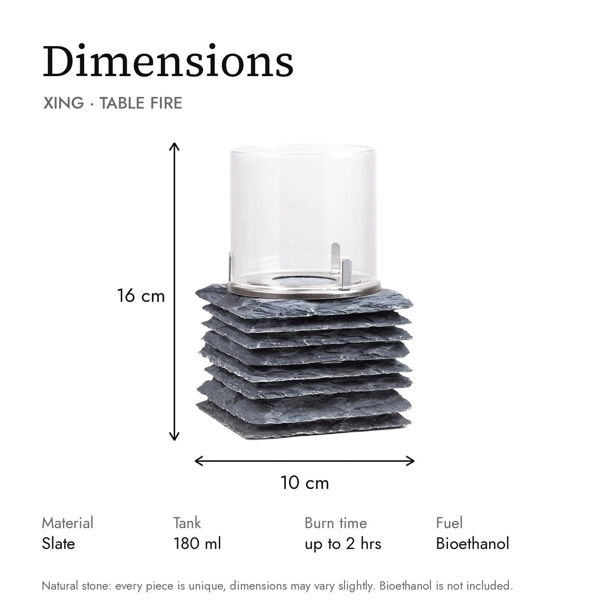 Dimensions of the XING table fire