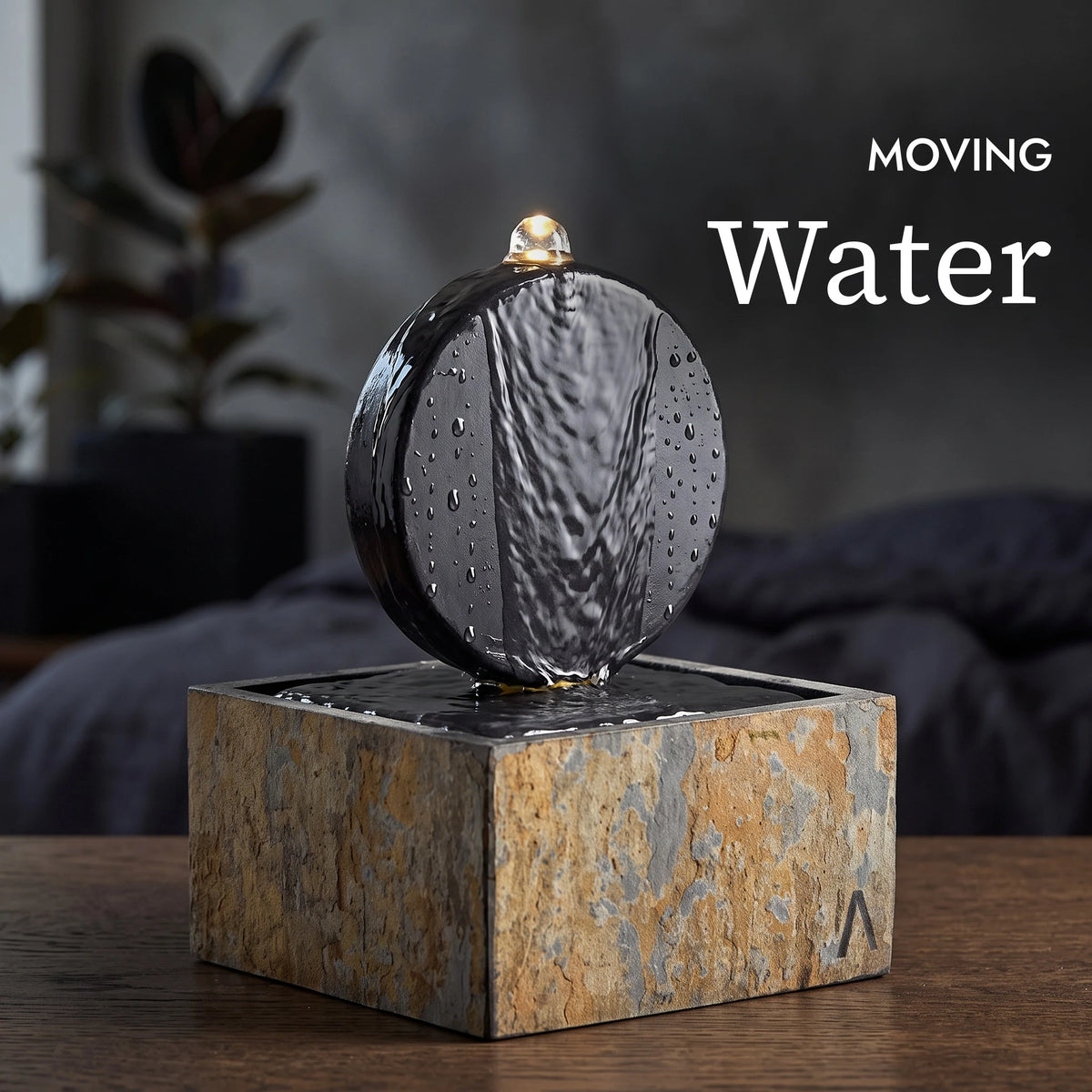 Moving water on the YUU tabletop fountain (AI content)