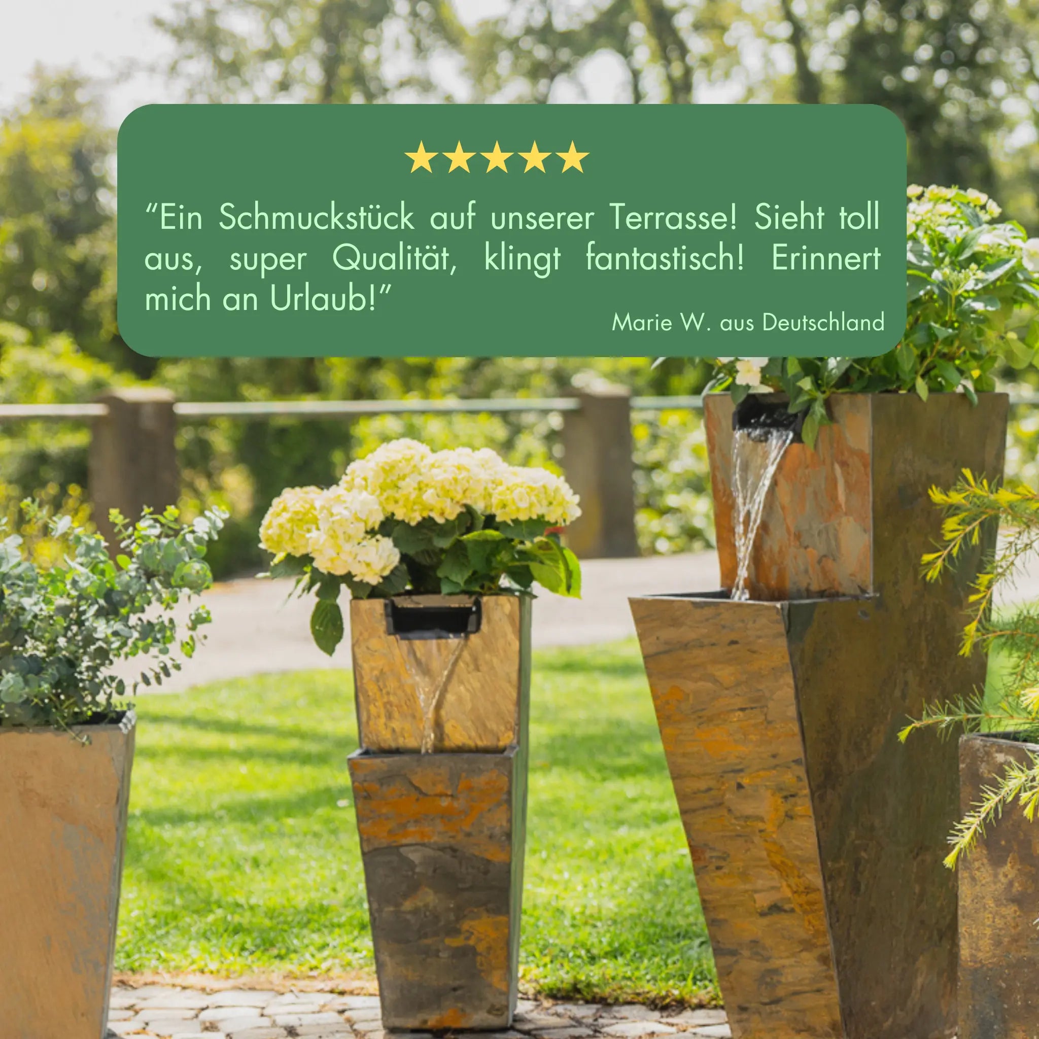 ZOE 20 – Gartenbrunnen mit Pflanzgefäss Wasserfall aus Naturschiefer Braun mit LED-Beleuchtung 28 x 21 x 53 cm 14 kg - CLIMAQUA