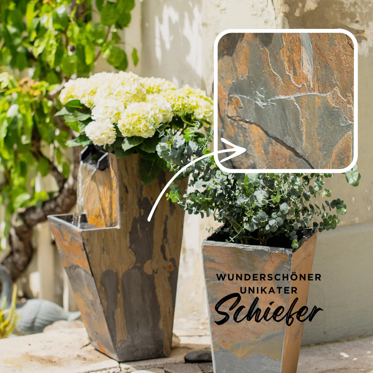 ZOE 20 – Gartenbrunnen mit Pflanzgefäss Wasserfall aus Naturschiefer Braun mit LED-Beleuchtung 28 x 21 x 53 cm 14 kg - CLIMAQUA