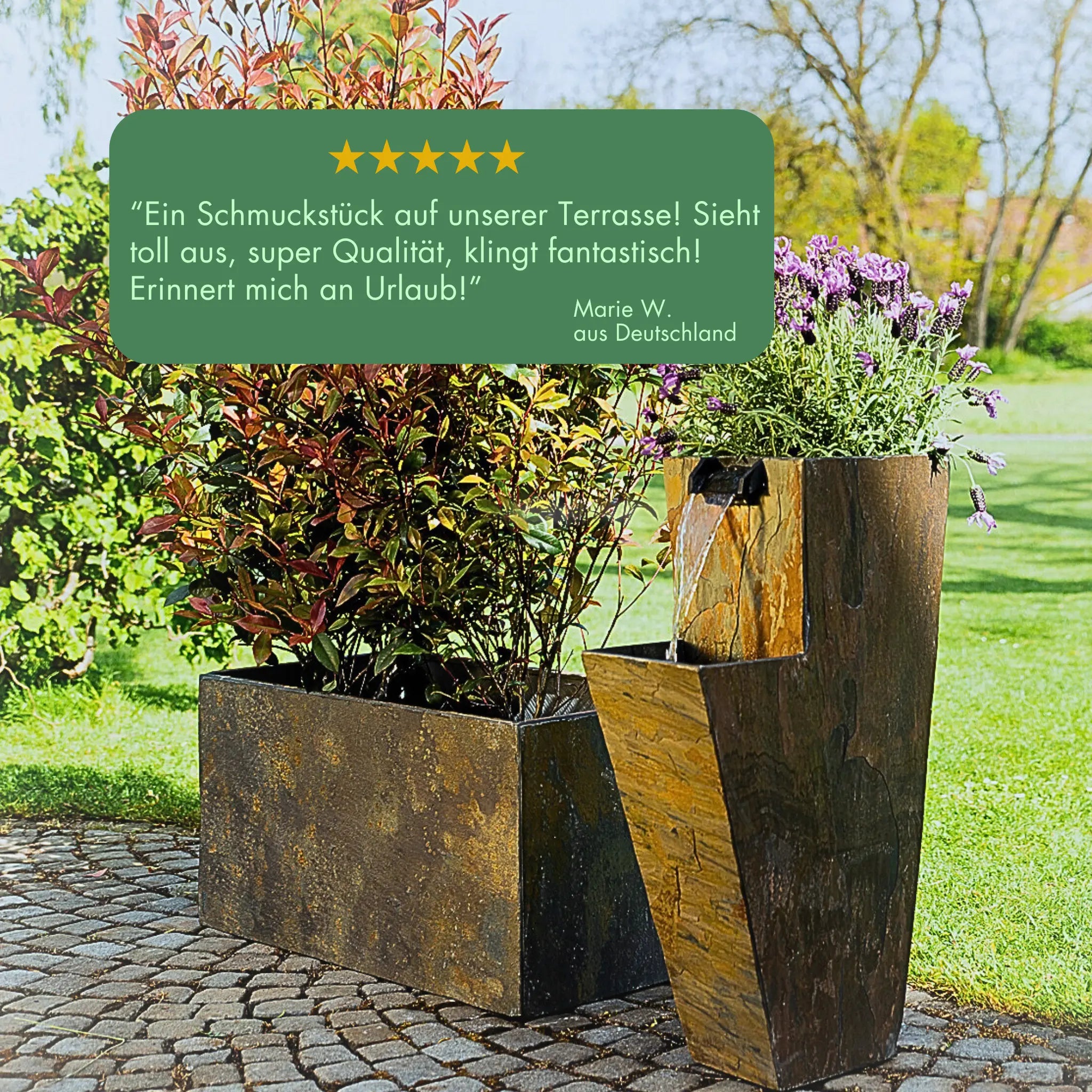 ZOE 30 – Wasserfallbrunnen mit Pflanzgefäss aus Naturschiefer Braun mit LED-Beleuchtung 38 x 26 x 76 cm 25 kg - CLIMAQUA