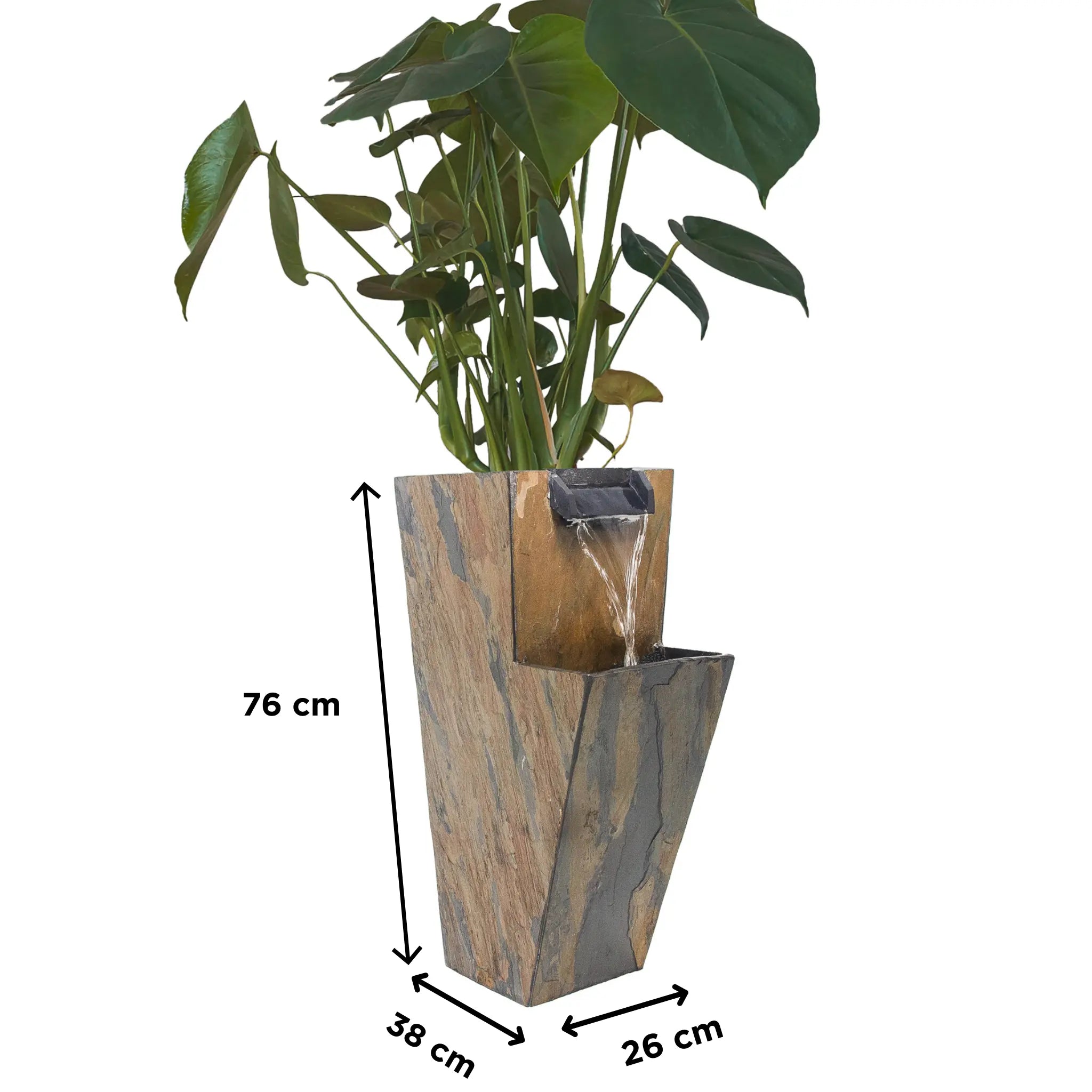 ZOE 30 – Wasserfallbrunnen mit Pflanzgefäss aus Naturschiefer Braun mit LED-Beleuchtung 38 x 26 x 76 cm 25 kg - CLIMAQUA