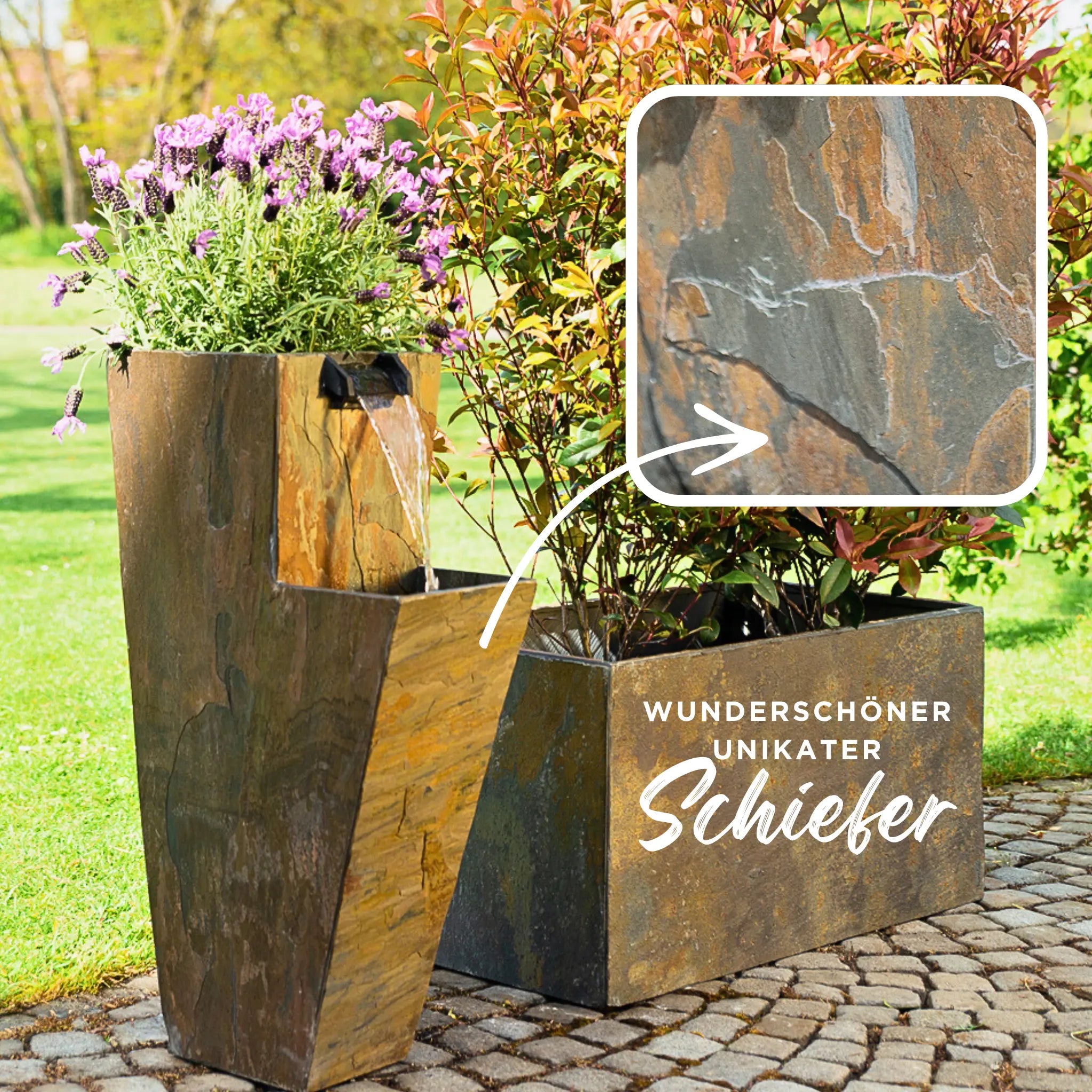 ZOE 30 – Wasserfallbrunnen mit Pflanzgefäss aus Naturschiefer Braun mit LED-Beleuchtung 38 x 26 x 76 cm 25 kg - CLIMAQUA