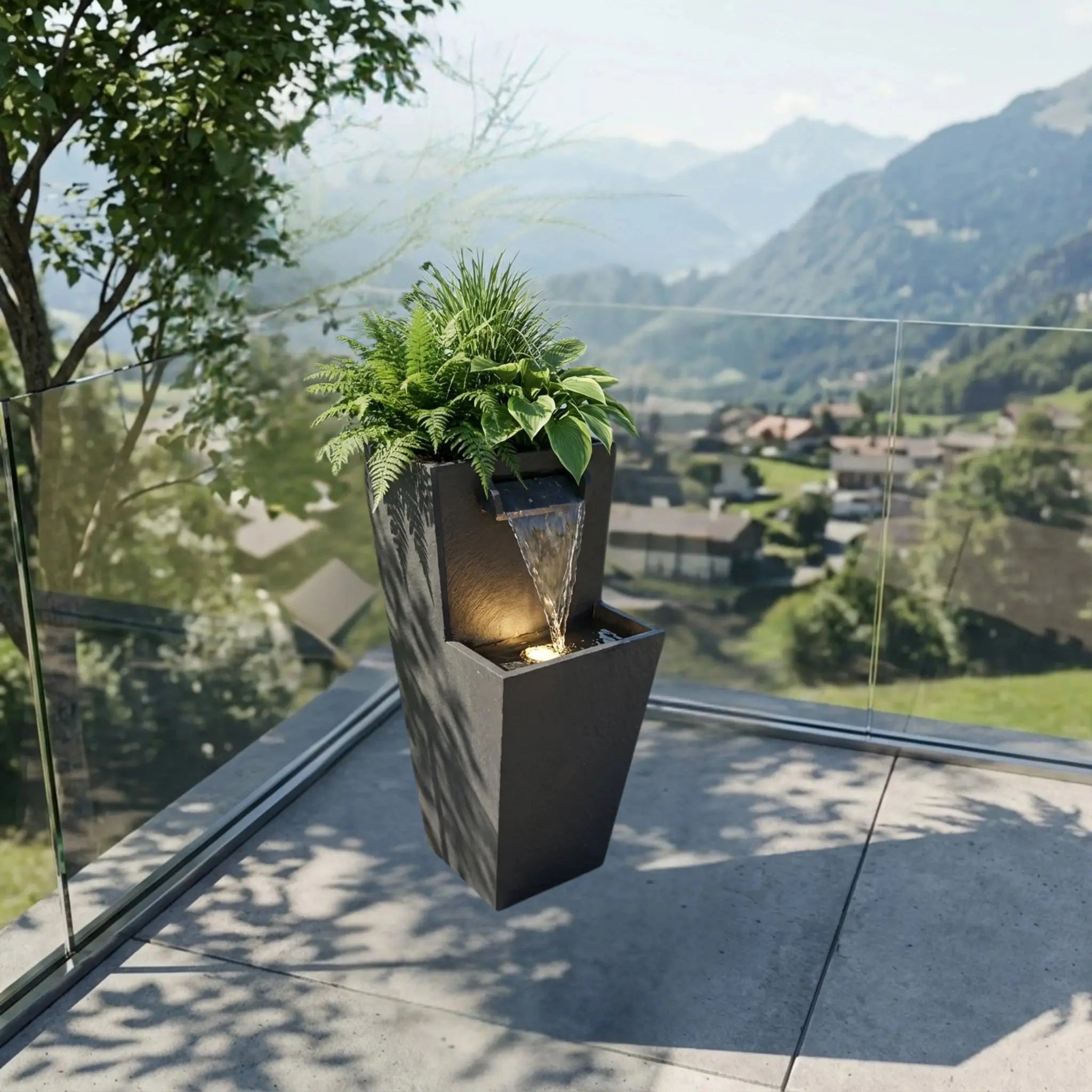 ZOE 20 Anthrazit – Gartenbrunnen mit Pflanzgefäss Wasserfall aus Naturschiefer Schwarz mit LED-Beleuchtung 28 x 21 x 53 cm 15 kg - CLIMAQUA