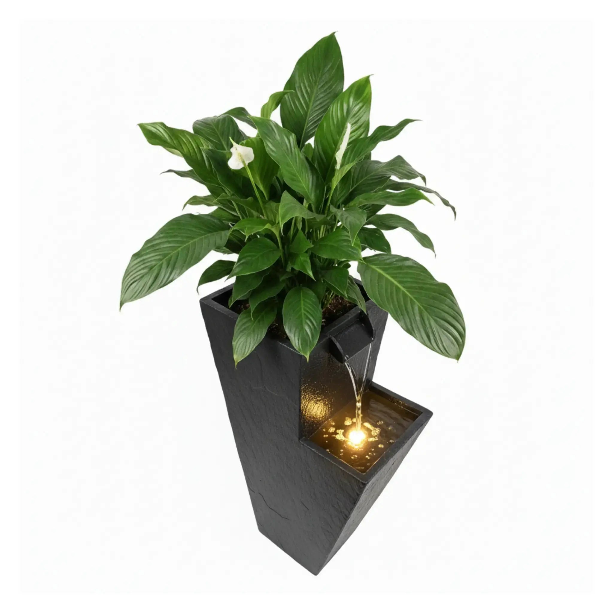 ZOE 30 Anthrazit – Wasserfallbrunnen mit Pflanzgefäss aus Naturschiefer Braun mit LED-Beleuchtung 38 x 26 x 76 cm 25 kg - CLIMAQUA