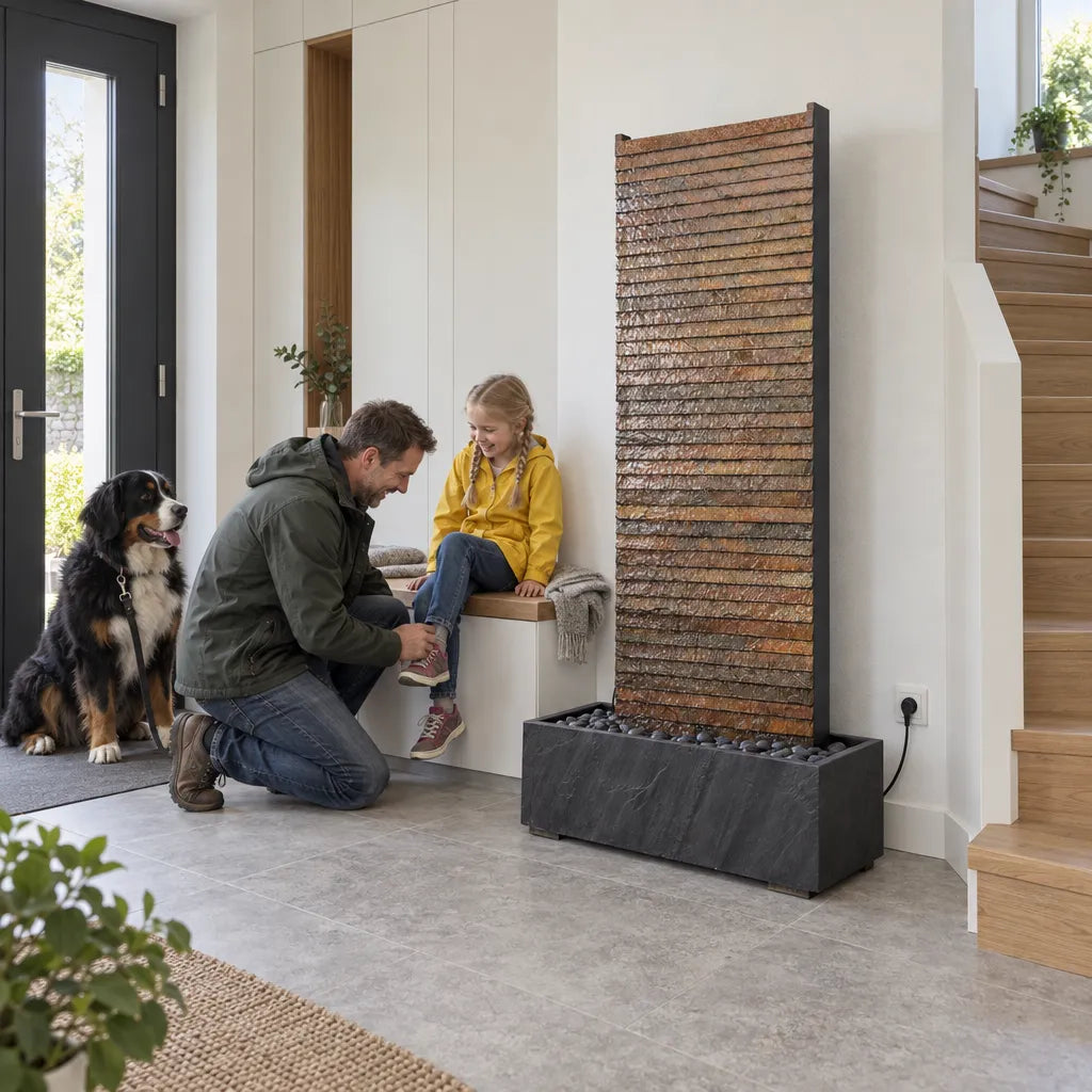 AVA GRANDE Wasserwand aus Schiefer Rusty im Eingangsbereich neben der Treppe, ein Mann und ein Kind sitzen mit einem Hund davor - CLIMAQUA (KI-Inhalte)