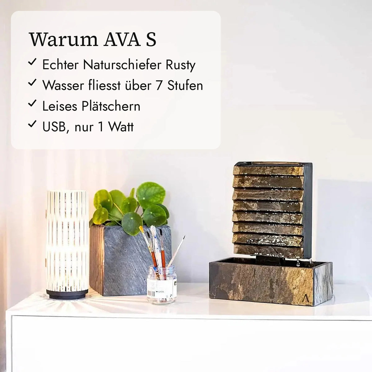 Warum AVA S: Naturschiefer Rusty, Wasser über 7 Stufen, leises Plätschern, USB 1 Watt