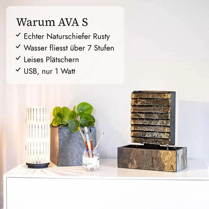 Warum AVA S: Naturschiefer Rusty, Wasser über 7 Stufen, leises Plätschern, USB 1 Watt