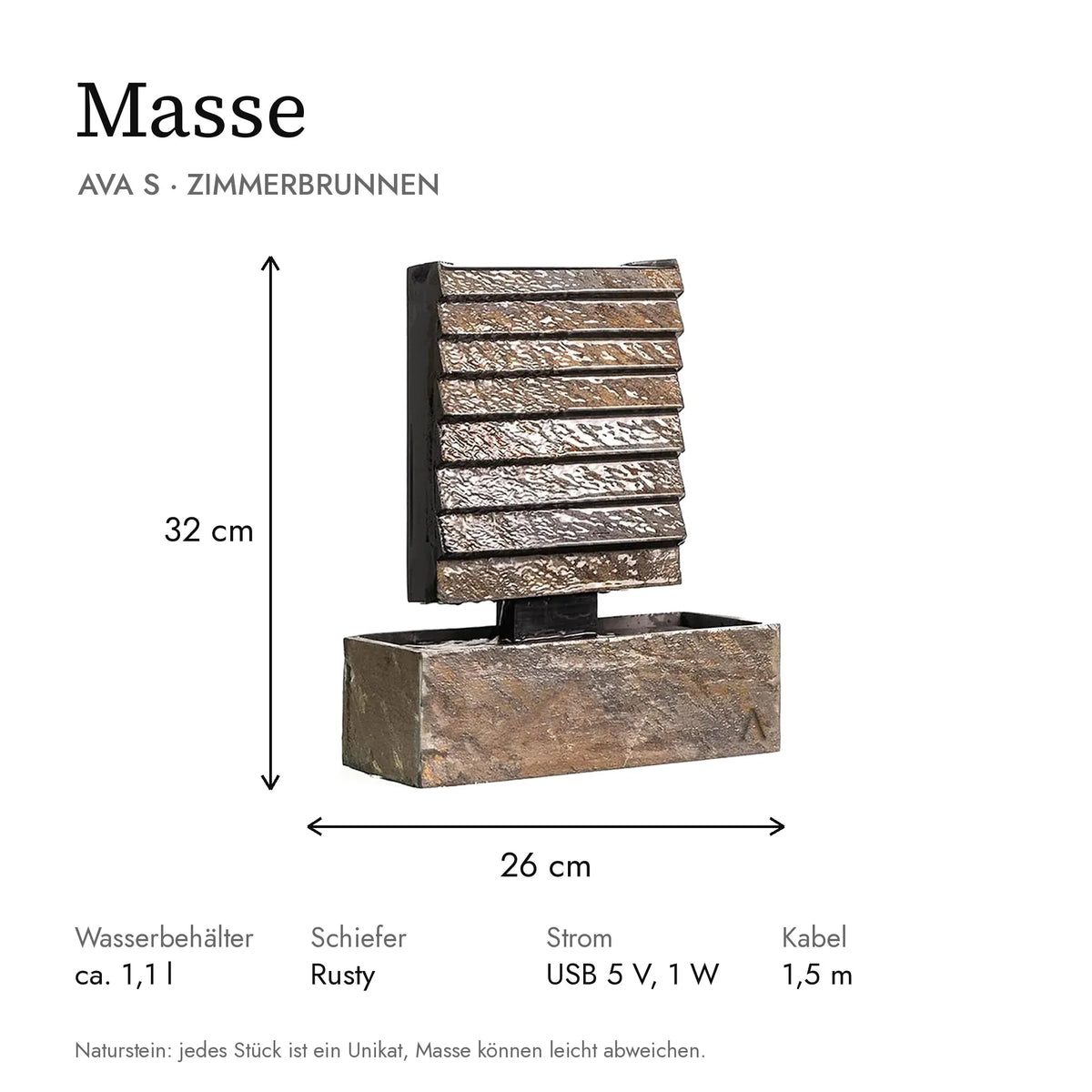 Masse kleine Wasserwand AVA S: 26 x 13 x 32 cm, Wasserbehälter ca. 1,1 l
