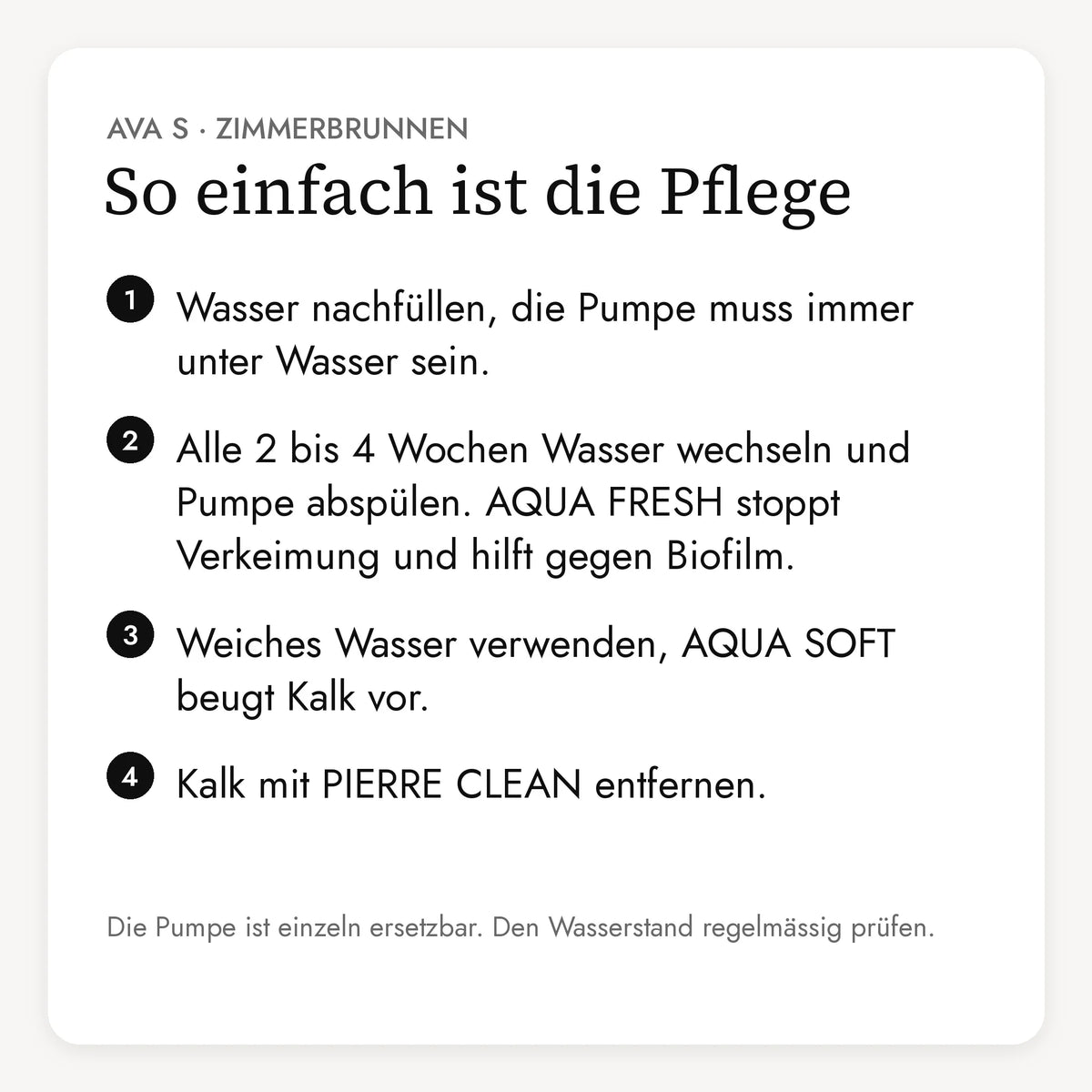 Pflege der kleinen Wasserwand AVA S in vier Schritten