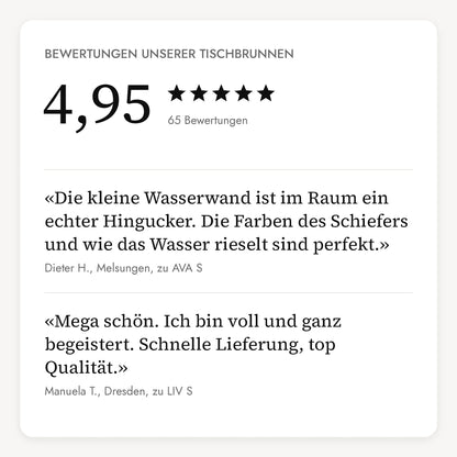 Bewertungen unserer Tischbrunnen: 4,95 von 5 Sternen aus 65 Bewertungen