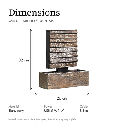 Dimensions of the AVA S tabletop fountain