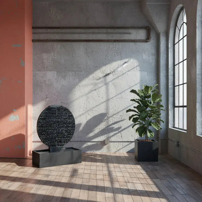 AYO L  – Grosser Zen Brunnen Kreis aus Schiefer Schwarz - CLIMAQUA