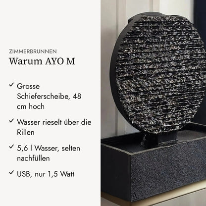 Warum AYO M: Grosse Schieferscheibe, 48 cm hoch, Wasser rieselt über die Rillen, 5,6 l Wasser, selten nachfüllen, USB, nur 1,5 Watt