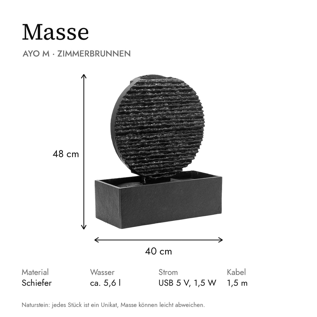 Masse Zen Brunnen AYO M: 40 x 18 x 48 cm, Wasserbehälter ca. 5,6 l