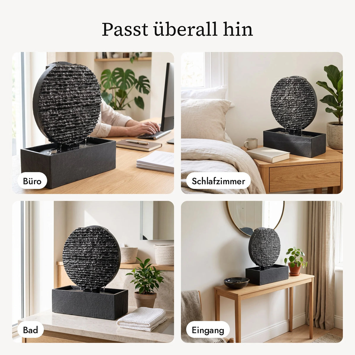 Zen Brunnen AYO M im Büro, Schlafzimmer, Bad und Eingang (KI-Inhalte)