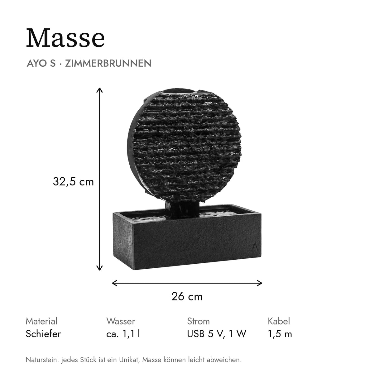 Masse Zen Brunnen AYO S: 26 x 13 x 32,5 cm, Wasserbehälter ca. 1,1 l