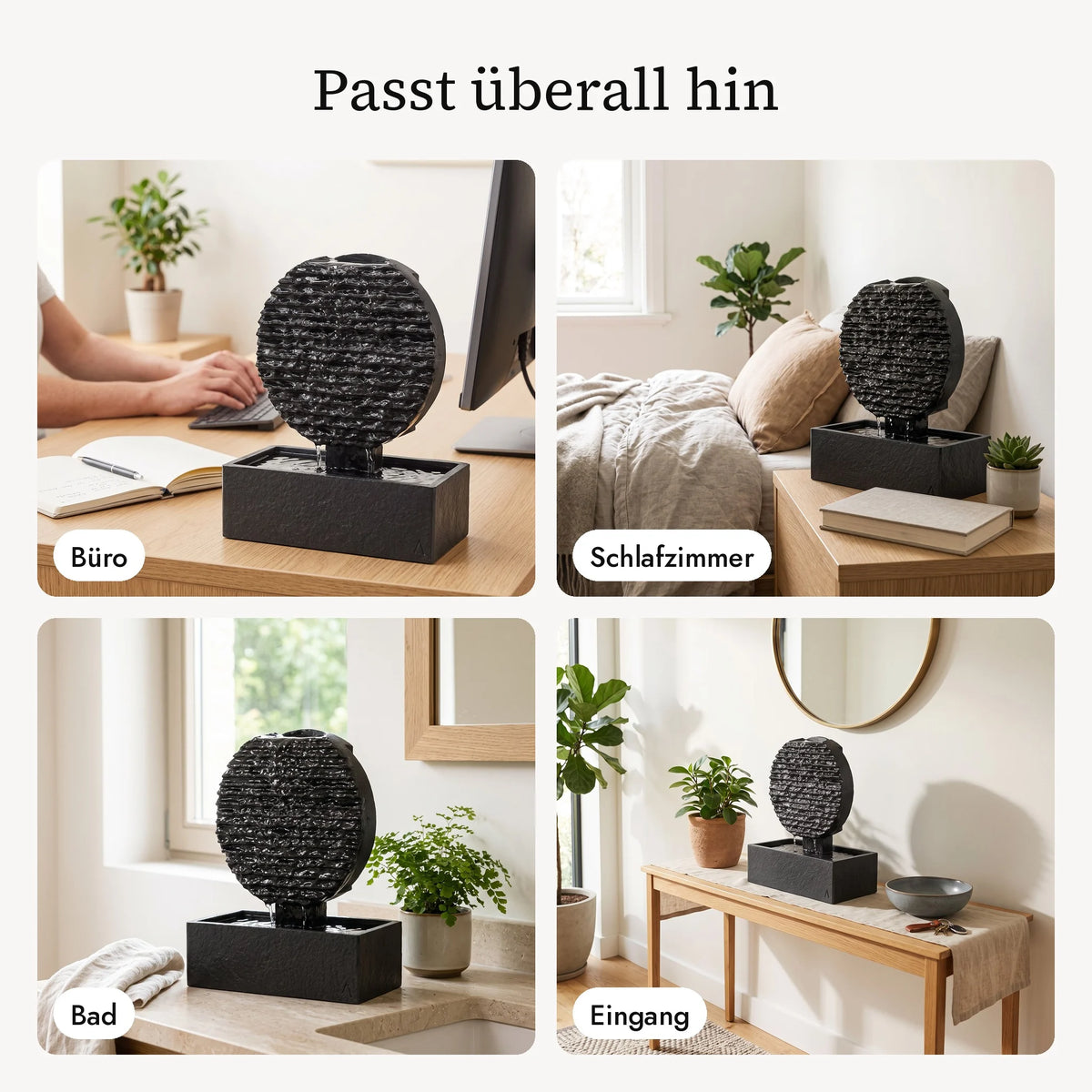 Zen Brunnen AYO S im Büro, Schlafzimmer, Bad und Eingang (KI-Inhalte)