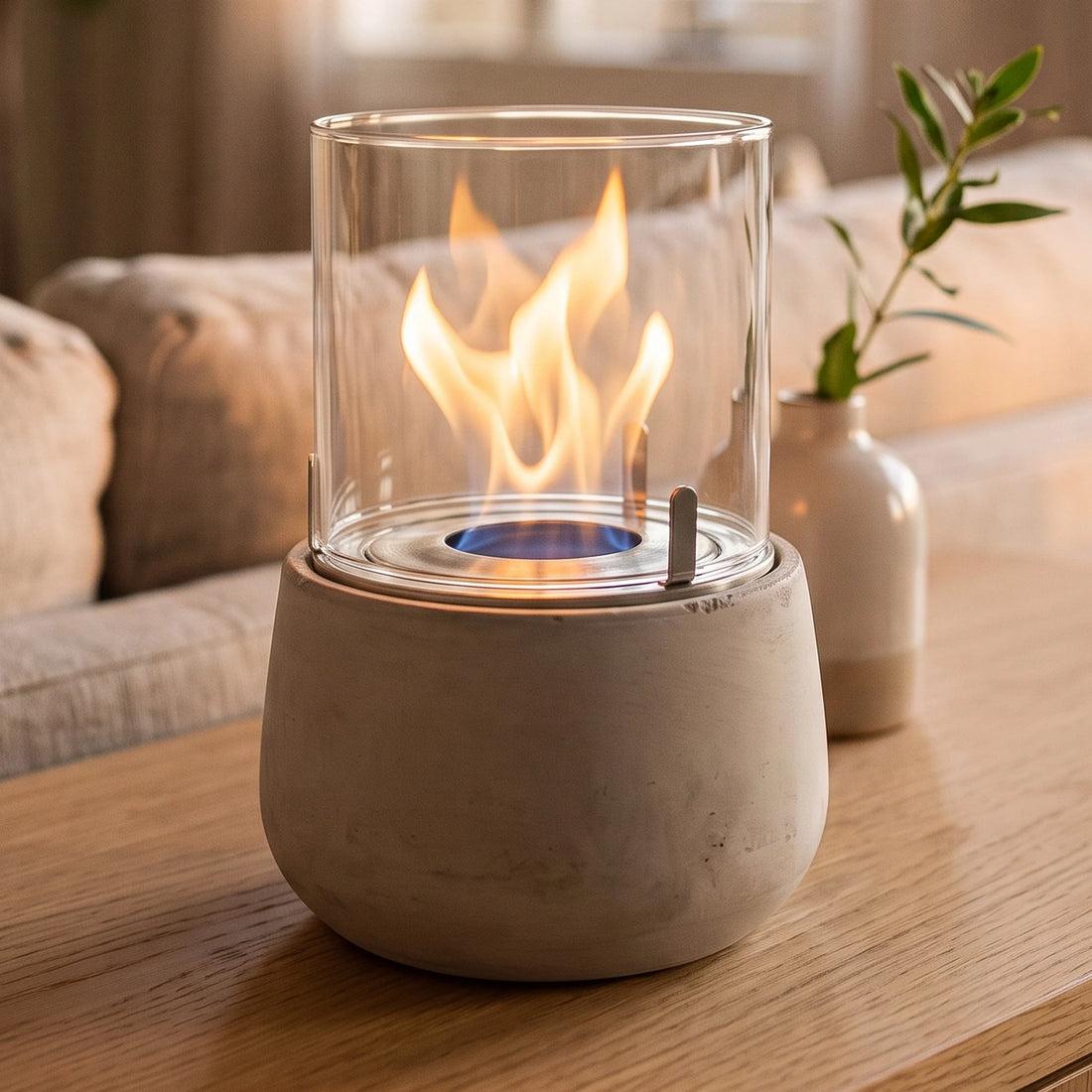 Tischfeuer BELLY S auf einem Sideboard im Wohnzimmer