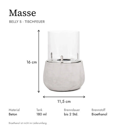 Masse Tischfeuer BELLY S: 11,5 x 11,5 x 16 cm, Tank 180 ml, Brenndauer bis 2 Stunden