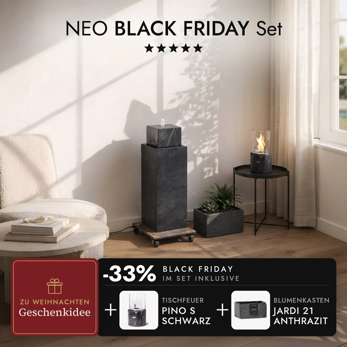 Brunnensäule NEO im Wohnzimmer mit Blumenkasten JARDI 21 Anthrazit und brennendem Tischfeuer PINO S Schwarz auf dem Beistelltisch, NEO BLACK FRIDAY Set (KI-Inhalte)