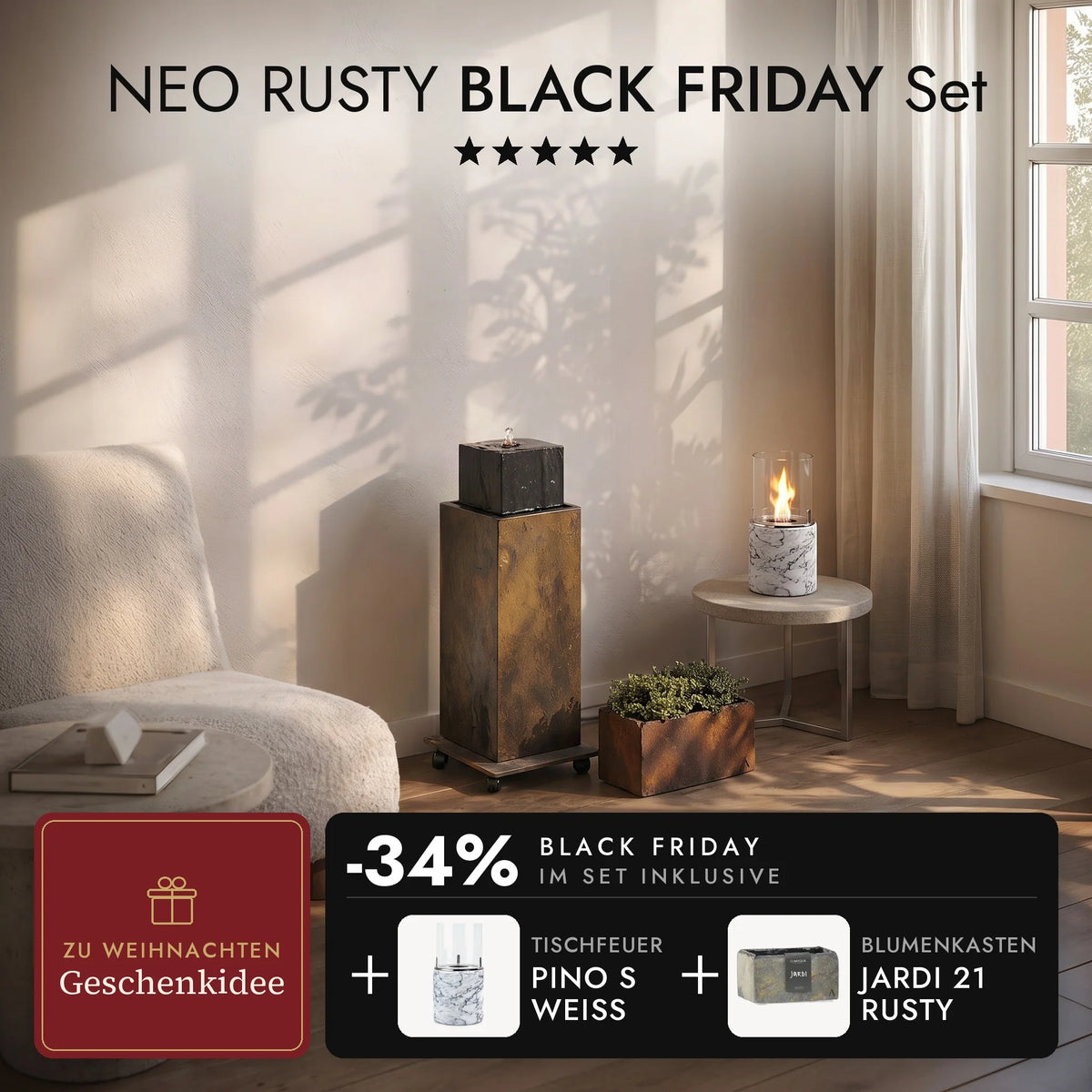 Brunnensäule NEO RUSTY im Wohnzimmer mit Blumenkasten JARDI 21 Rusty und brennendem Tischfeuer PINO S Weiss auf dem Beistelltisch, NEO RUSTY BLACK FRIDAY Set (KI-Inhalte)