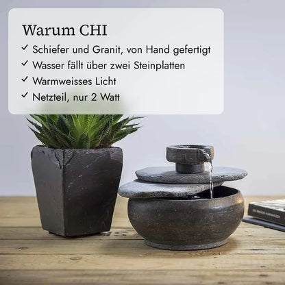 Warum CHI: Schiefer und Granit, von Hand gefertigt, Wasser fällt über zwei Steinplatten, Warmweisses Licht, Netzteil, nur 2 Watt