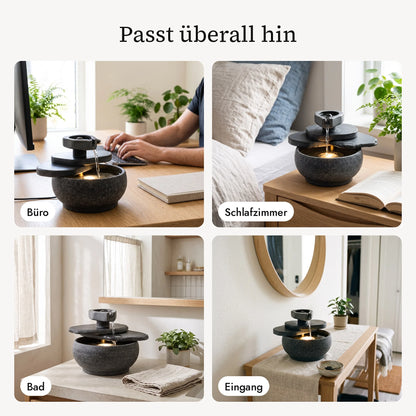 Zimmerbrunnen CHI im Büro, Schlafzimmer, Bad und Eingang (KI-Inhalte)