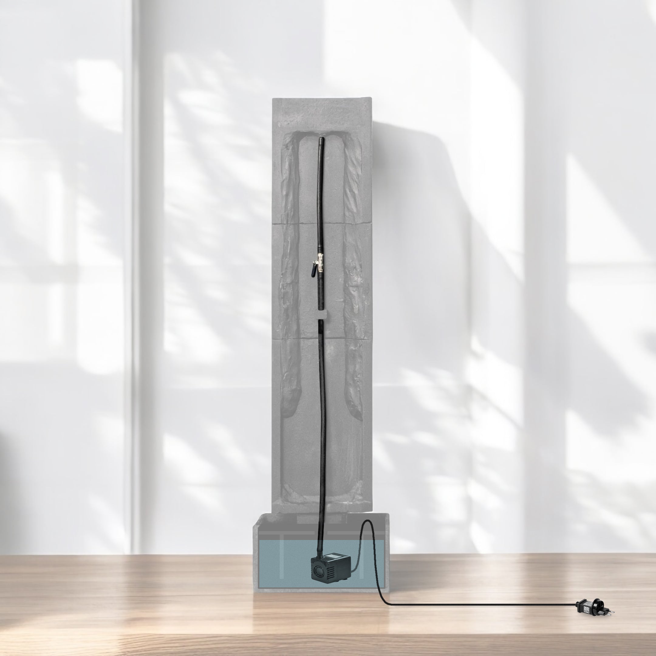 Schnittdarstellung der CLIMAQUA Wasserwand mit Pumpe, Schlauch und Becken