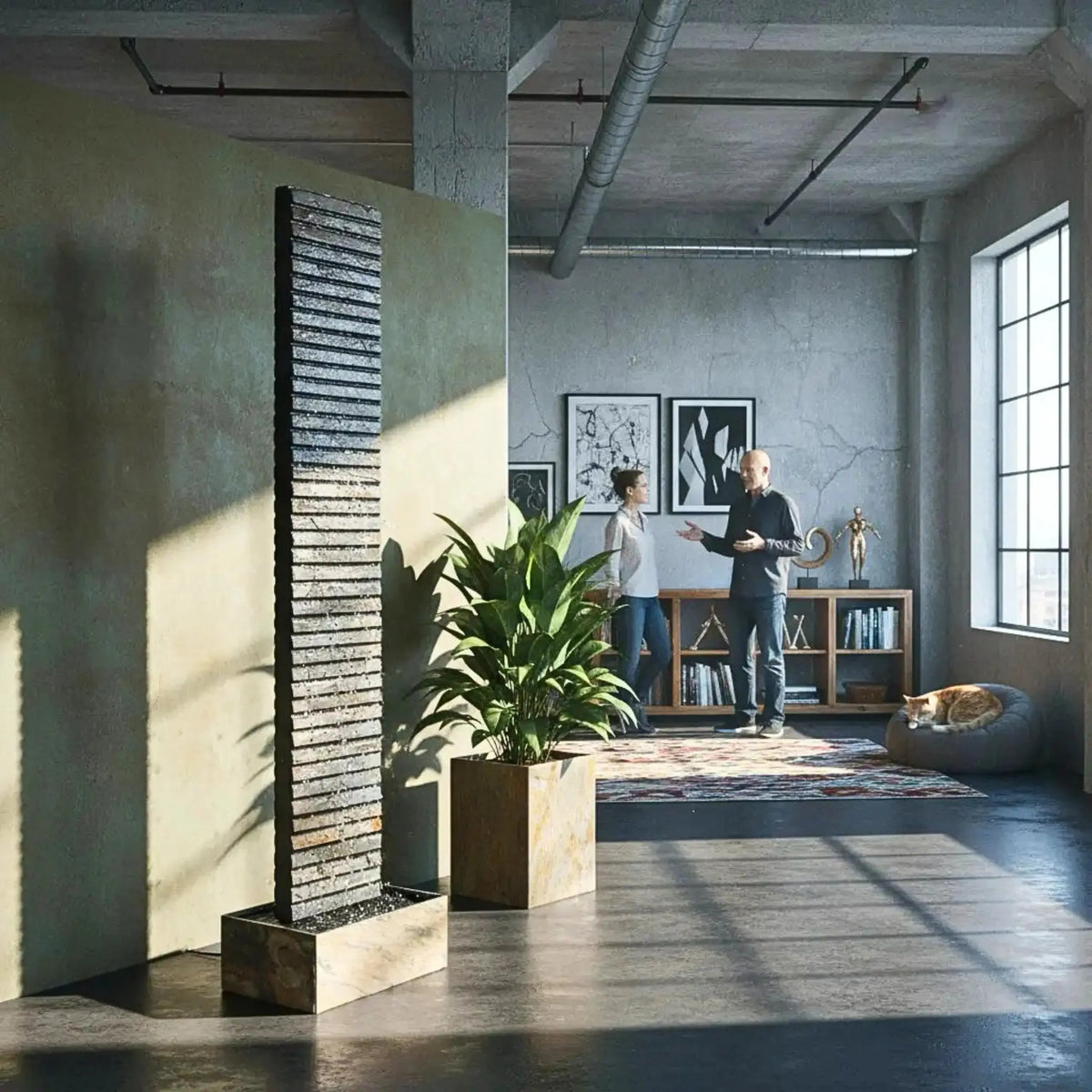 AVA XL DREAM LIVING Set – Wasserwand AVA XL in einem hellen Büro mit Personen im Hintergrund - CLIMAQUA (KI-Inhalte)