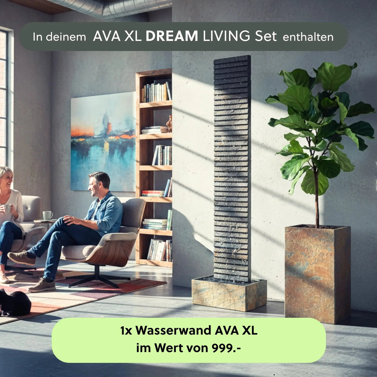 AVA XL DREAM LIVING Set – Wasserwand AVA XL in einem Wohnzimmer mit Familie, Hinweis auf den enthaltenen Wert der Wasserwand - CLIMAQUA (KI-Inhalte)