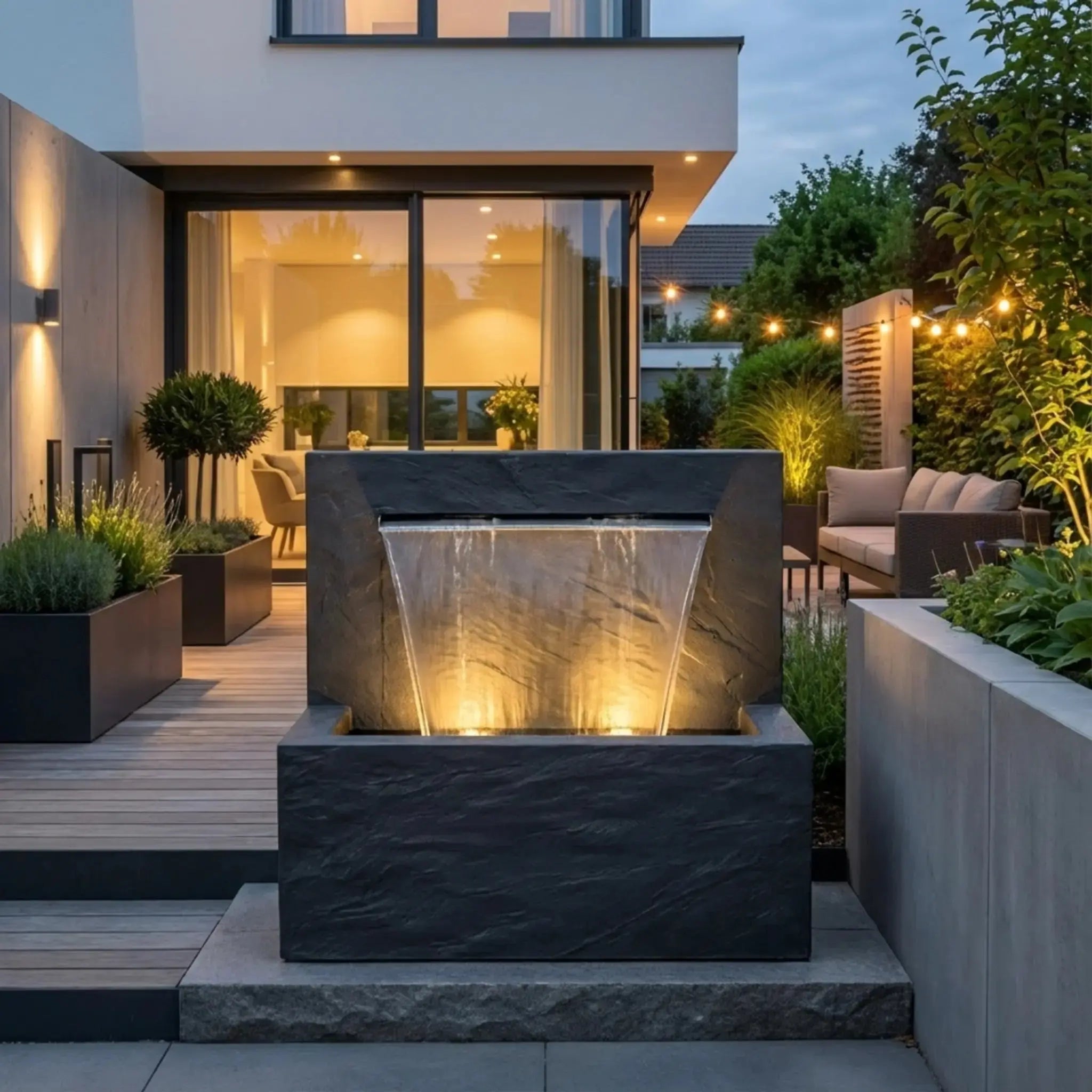 VICTORIA Falls – Edler Schiefer Gartenbrunnen mit Wasserfall und Beleuchtung - CLIMAQUA