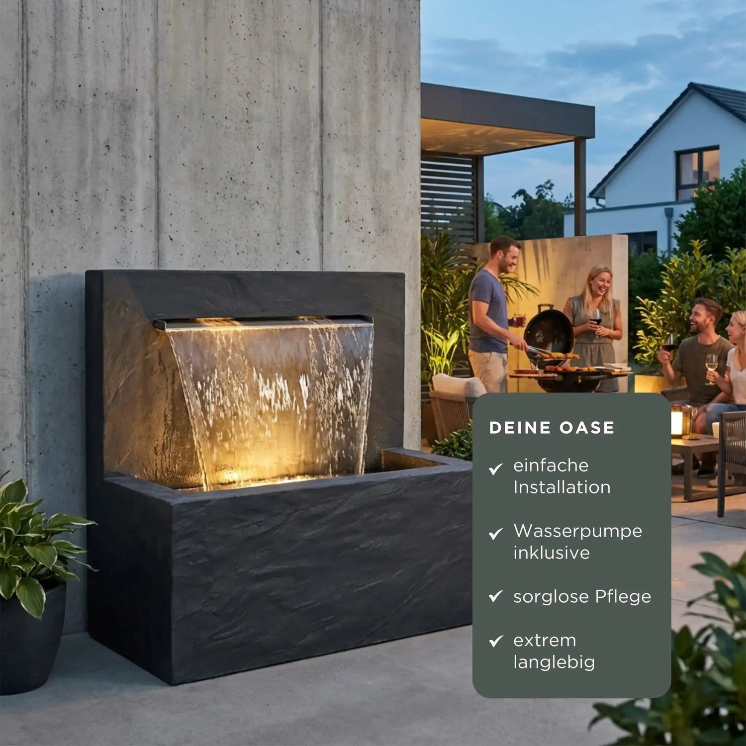 VICTORIA Falls – Edler Schiefer Gartenbrunnen mit Wasserfall und Beleuchtung - CLIMAQUA