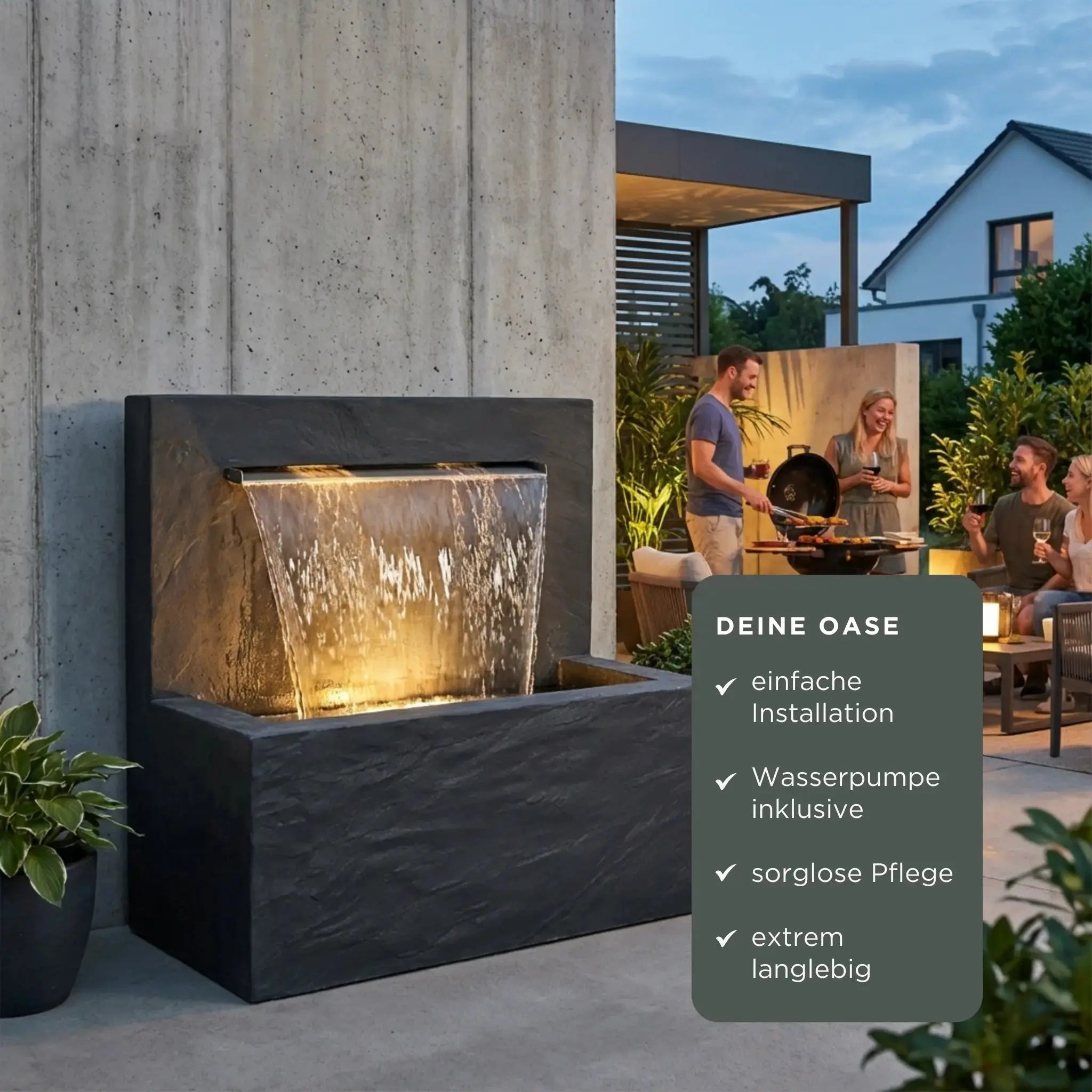 VICTORIA Falls – Edler Schiefer Gartenbrunnen mit Wasserfall und Beleuchtung - CLIMAQUA