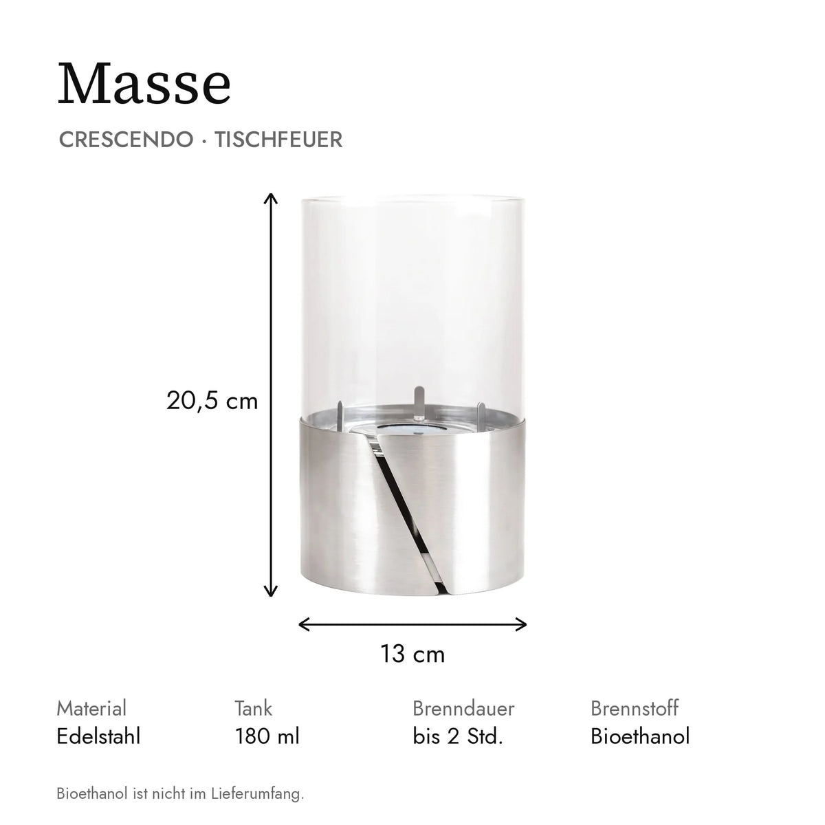 Masse Tischfeuer CRESCENDO: 13 x 13 x 20,5 cm, Tank 180 ml, Brenndauer bis 2 Stunden