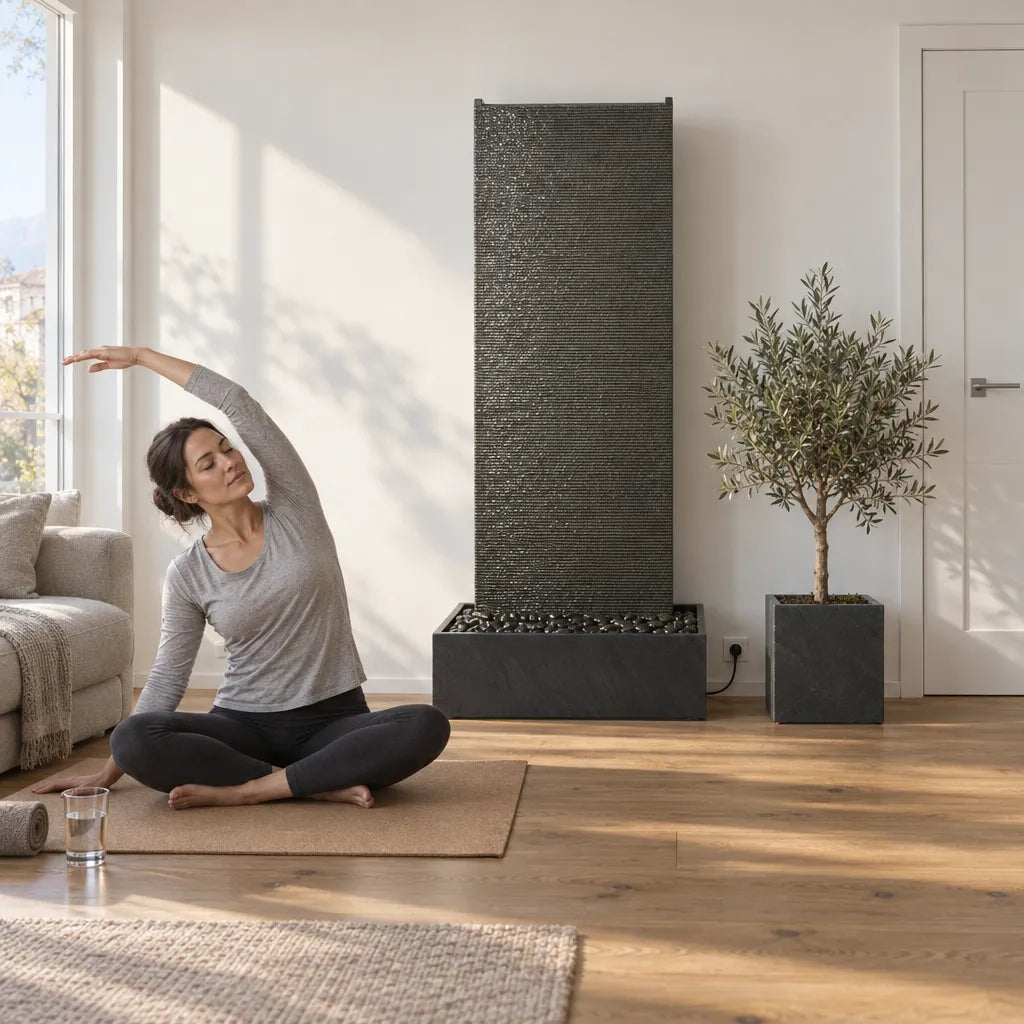 EDEN GRANDE Wasserwand aus Granitstein in einem hellen Raum, eine Frau macht Yoga auf einer Matte - CLIMAQUA (KI-Inhalte)