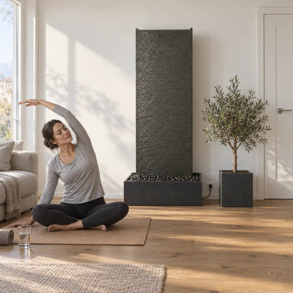 EDEN GRANDE Wasserwand aus Granitstein in einem hellen Raum, eine Frau macht Yoga auf einer Matte - CLIMAQUA (KI-Inhalte)