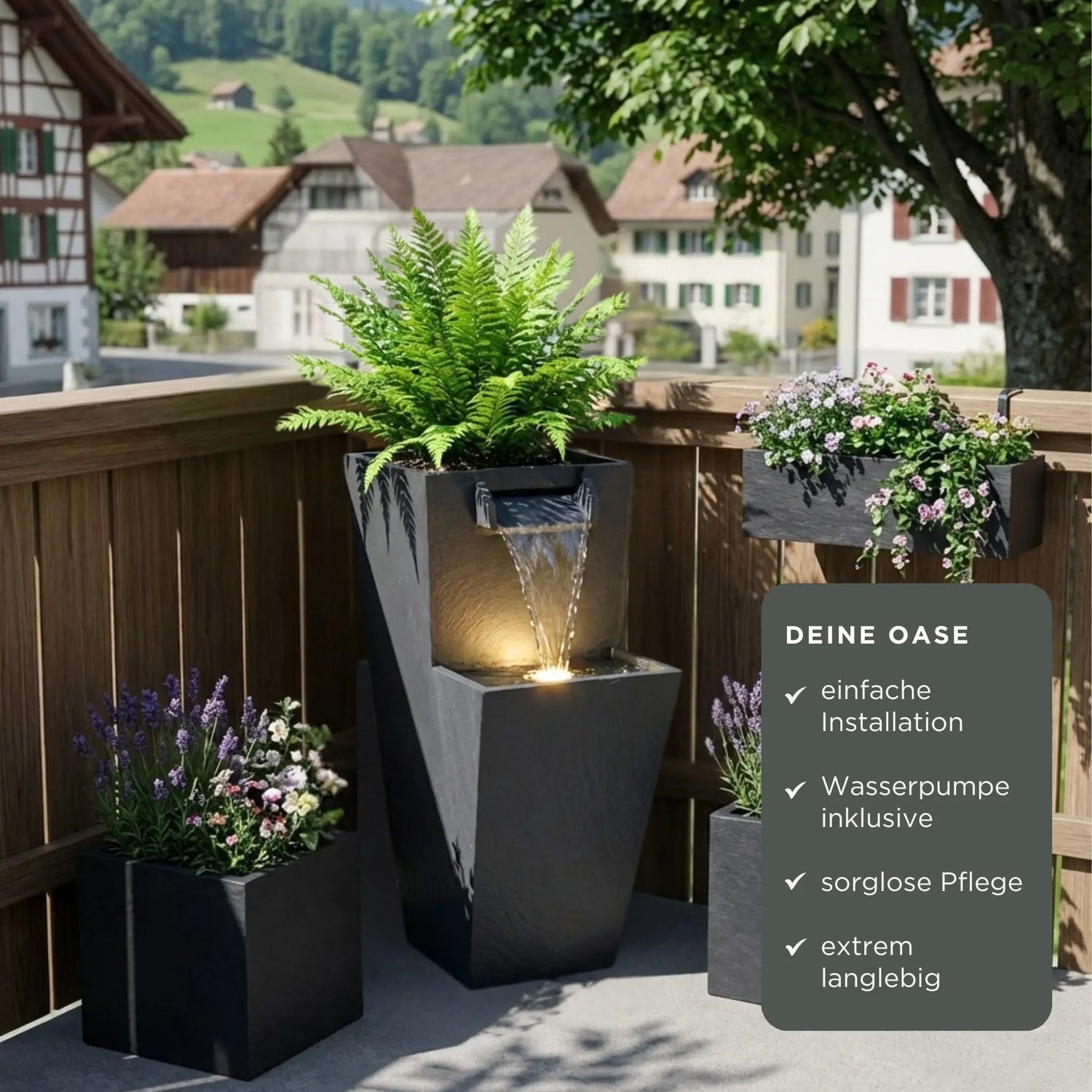 ZOE 20 Anthrazit – Gartenbrunnen mit Pflanzgefäss Wasserfall aus Naturschiefer Schwarz mit LED-Beleuchtung 28 x 21 x 53 cm 14 kg - CLIMAQUA
