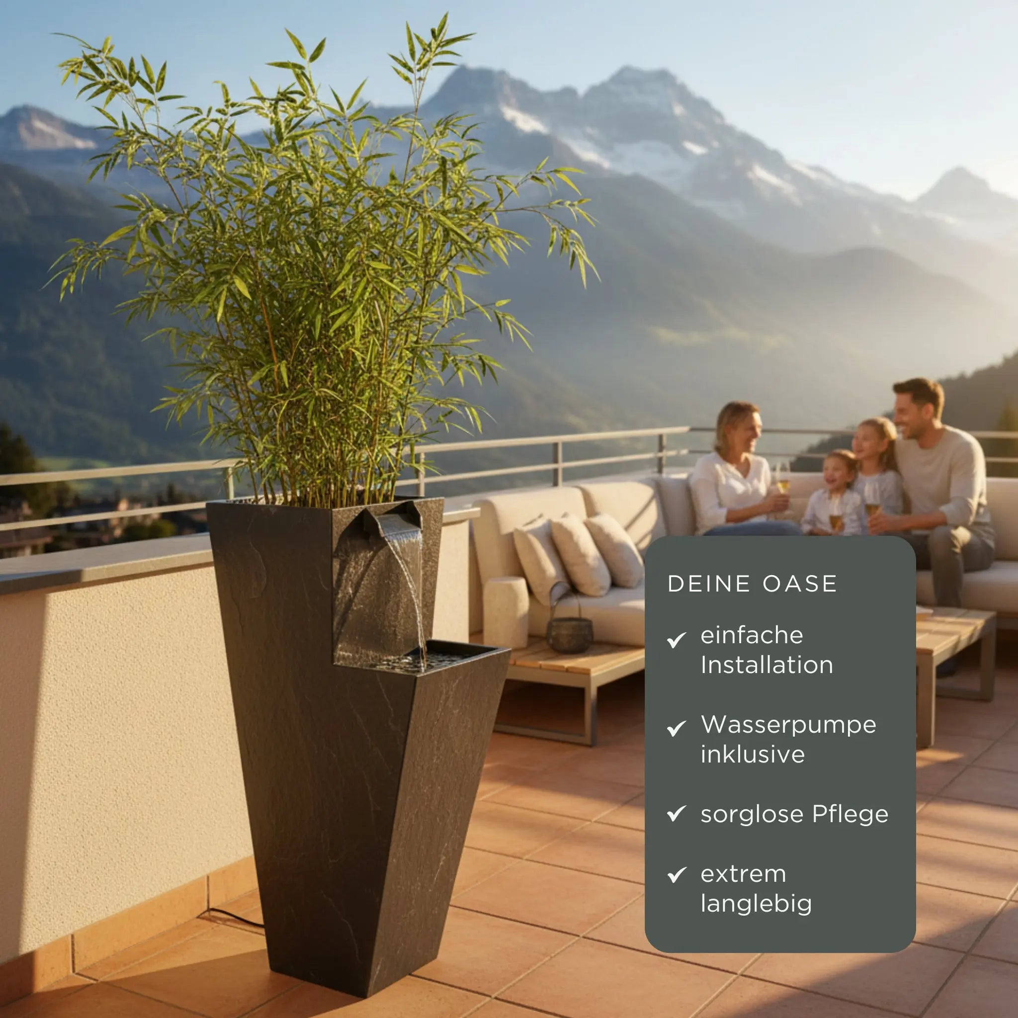 ZOE 30 Anthrazit – Wasserfallbrunnen mit Pflanzgefäss aus Naturschiefer Braun mit LED-Beleuchtung 38 x 26 x 76 cm 25 kg - CLIMAQUA