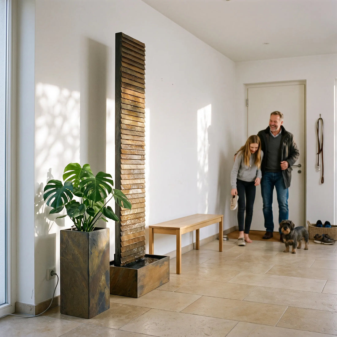 CLIMAQUA AVA XL Wasserwand aus Schiefer im Eingangsbereich neben einer Bank, daneben ein PYLO 60 Pflanzgefäss mit Monstera