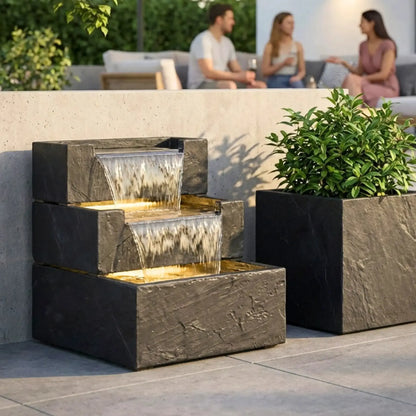 FIJI Falls – Gartenbrunnen mit zweifachem Wasserfall und warmweisser Belechtung - CLIMAQUA