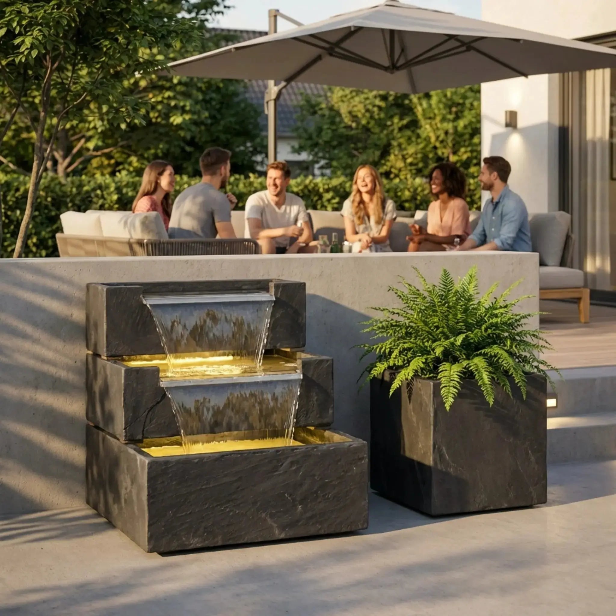 FIJI Falls – Gartenbrunnen mit zweifachem Wasserfall und warmweisser Belechtung - CLIMAQUA