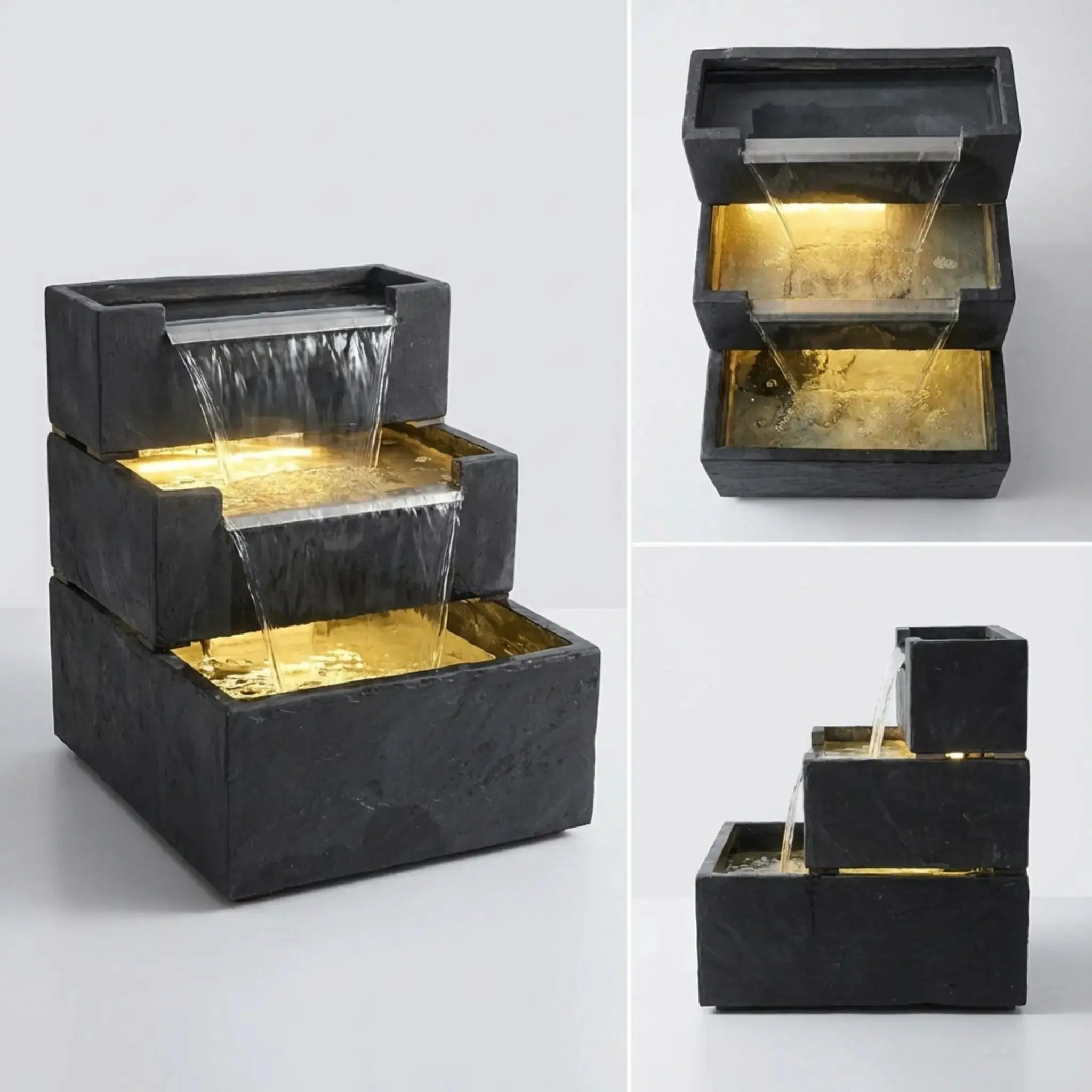 FIJI Falls – Gartenbrunnen mit zweifachem Wasserfall und warmweisser Belechtung - CLIMAQUA