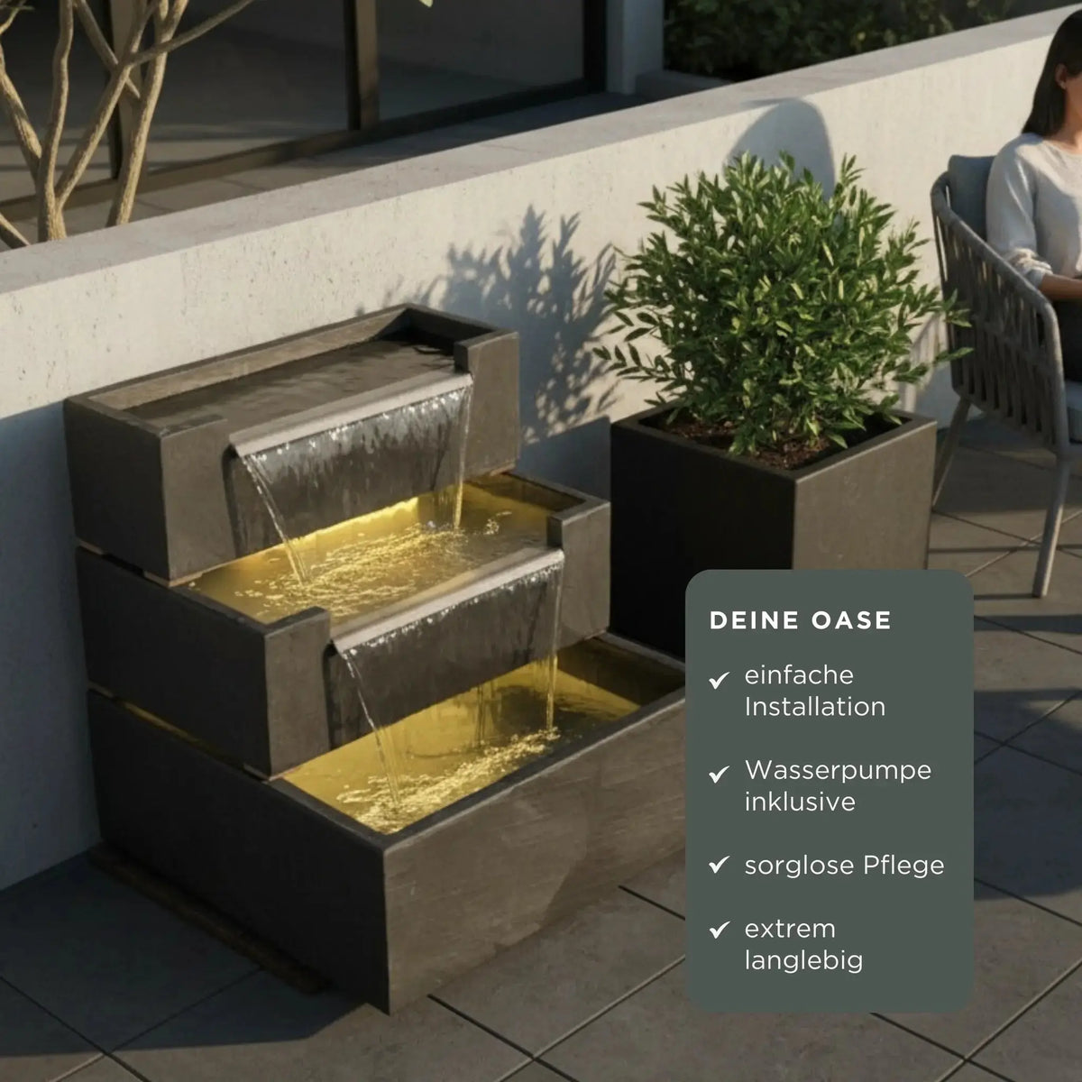 FIJI Falls – Gartenbrunnen mit zweifachem Wasserfall und warmweisser Belechtung - CLIMAQUA