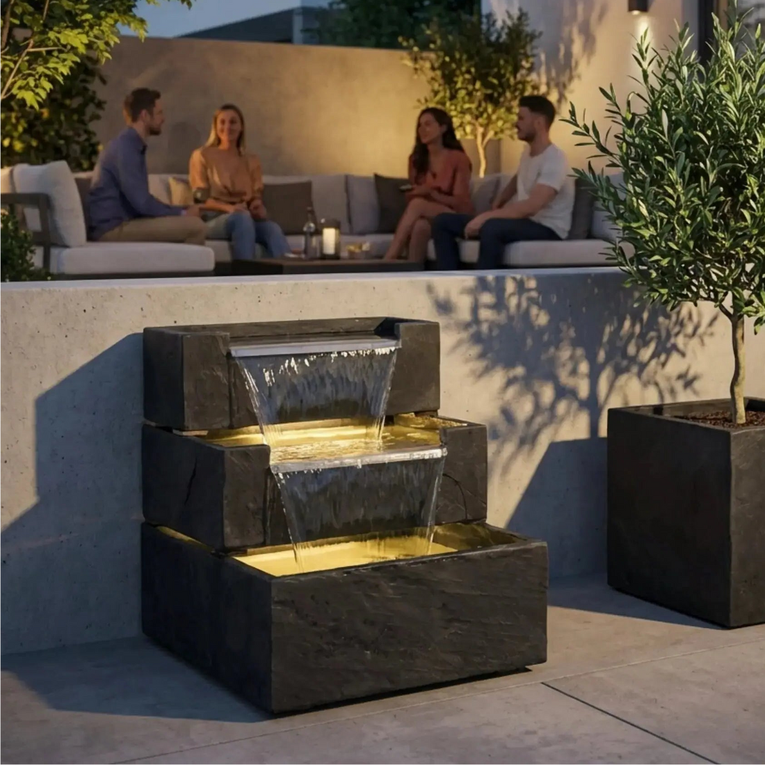 FIJI Falls – Gartenbrunnen mit zweifachem Wasserfall und warmweisser Belechtung - CLIMAQUA