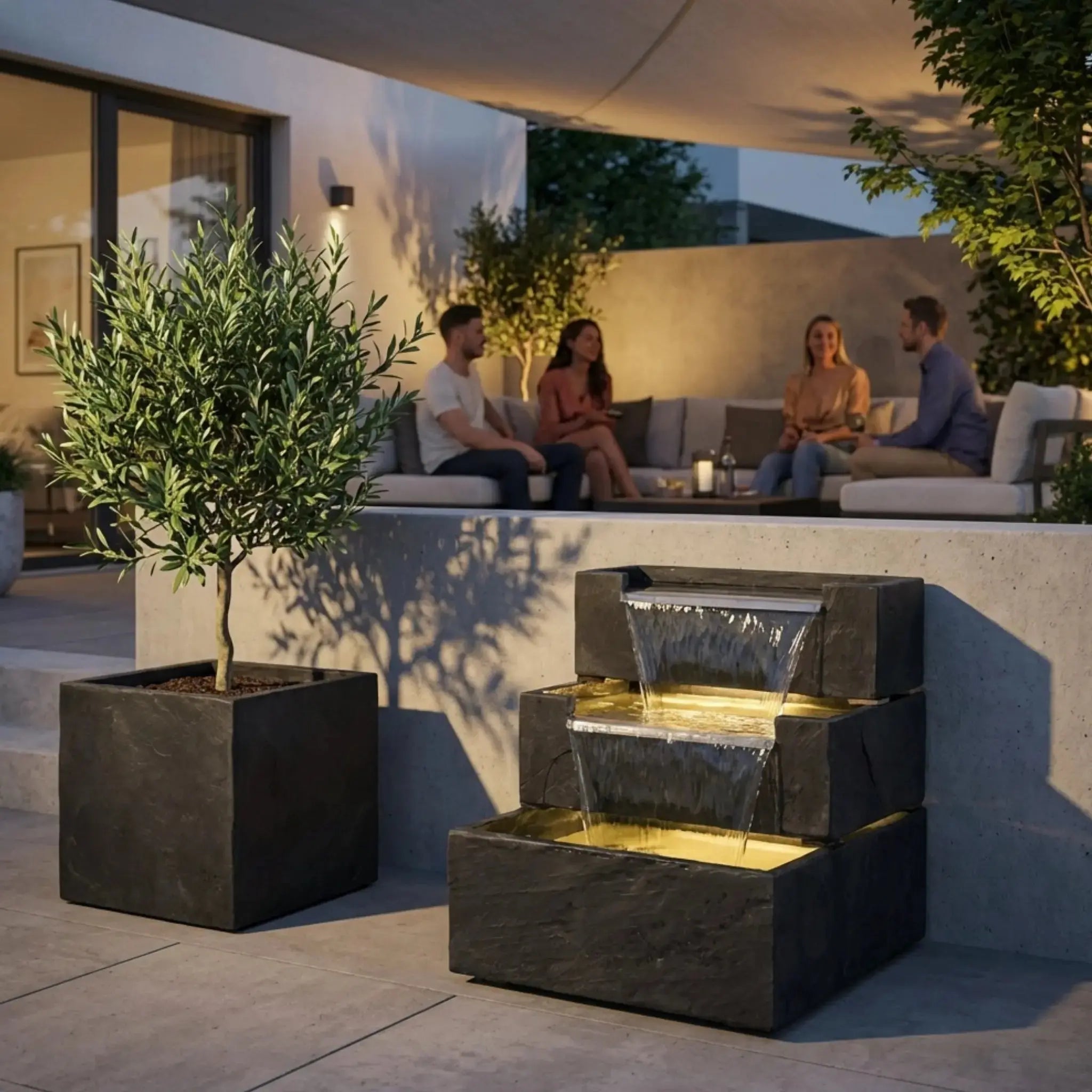 FIJI Falls – Gartenbrunnen mit zweifachem Wasserfall und warmweisser Belechtung - CLIMAQUA