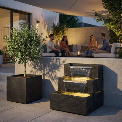 FIJI Falls – Gartenbrunnen mit zweifachem Wasserfall und warmweisser Belechtung - CLIMAQUA