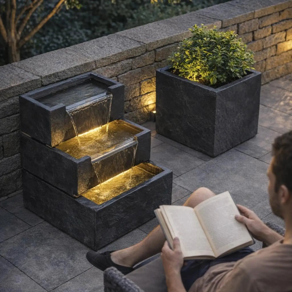FIJI Falls – Gartenbrunnen mit zweifachem Wasserfall und warmweisser Belechtung - CLIMAQUA